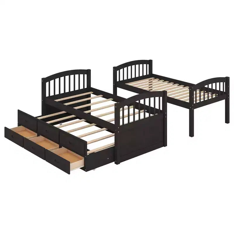 Twin over Twin Wood Bunk Bed with Ladder, Trundle and Drawers