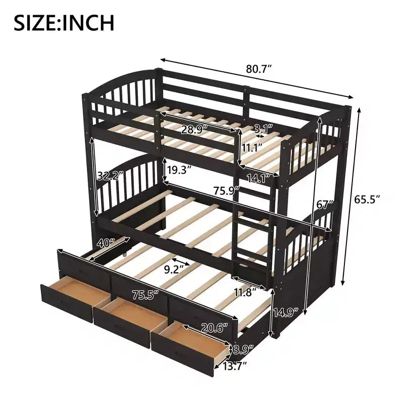 Twin over Twin Wood Bunk Bed with Ladder, Trundle and Drawers