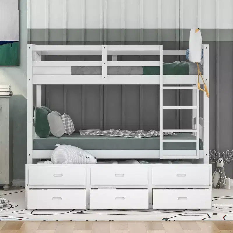 Twin over Twin Wood Bunk Bed with Ladder, Trundle and Drawers