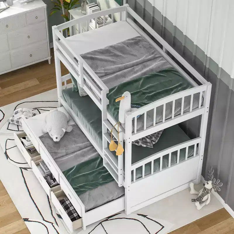 Twin over Twin Wood Bunk Bed with Ladder, Trundle and Drawers
