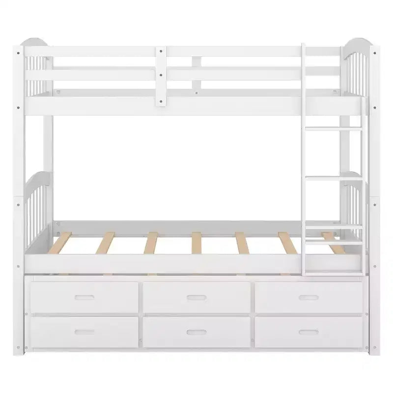 Twin over Twin Wood Bunk Bed with Ladder, Trundle and Drawers