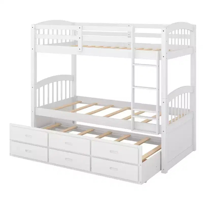 Twin over Twin Wood Bunk Bed with Ladder, Trundle and Drawers