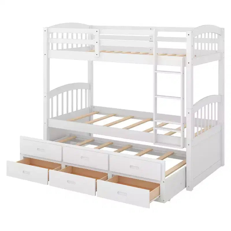 Twin over Twin Wood Bunk Bed with Ladder, Trundle and Drawers