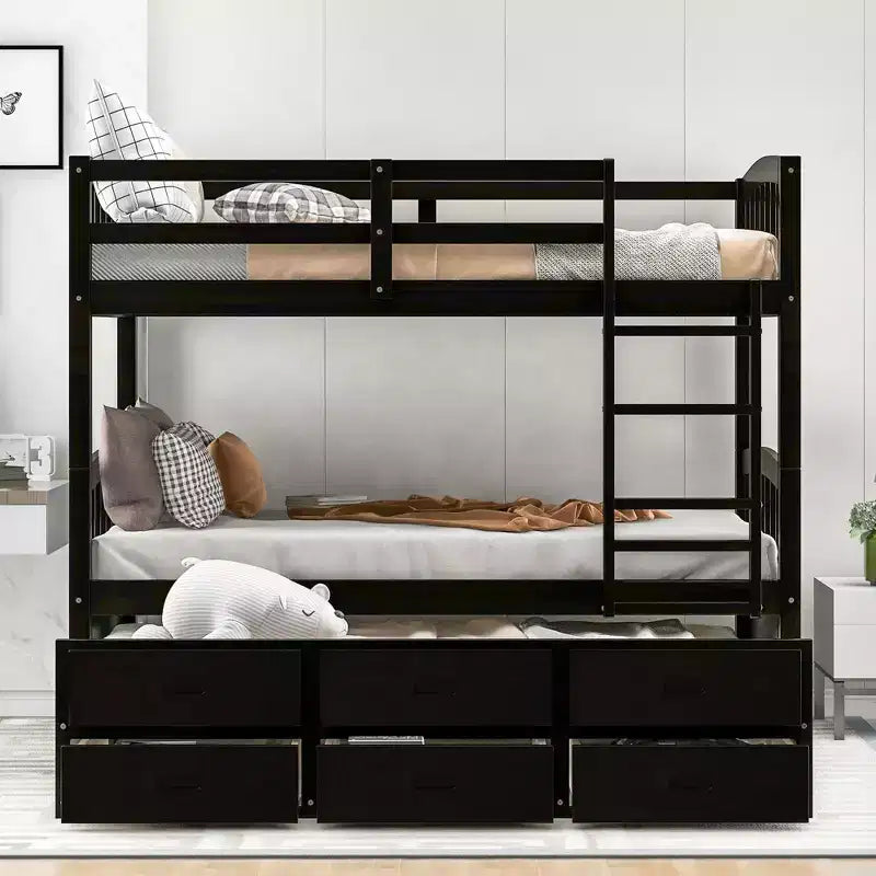 Twin over Twin Wood Bunk Bed with Ladder, Trundle and Drawers