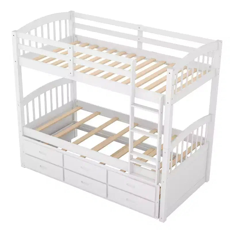 Twin over Twin Wood Bunk Bed with Ladder, Trundle and Drawers