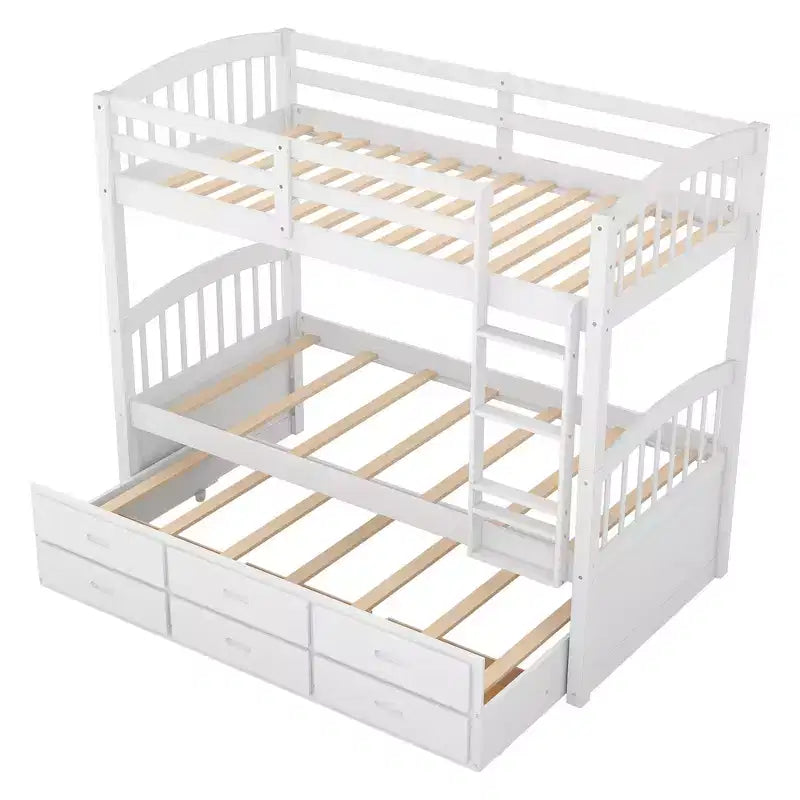 Twin over Twin Wood Bunk Bed with Ladder, Trundle and Drawers
