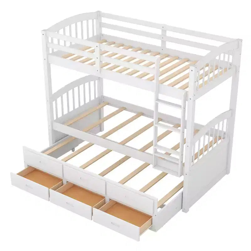 Twin over Twin Wood Bunk Bed with Ladder, Trundle and Drawers