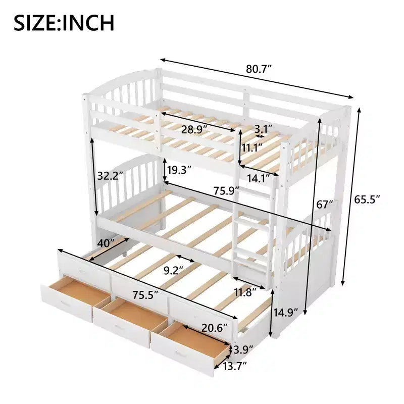 Twin over Twin Wood Bunk Bed with Ladder, Trundle and Drawers