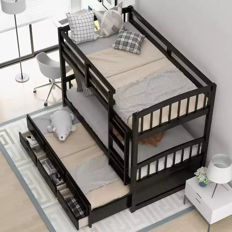 Twin over Twin Wood Bunk Bed with Ladder, Trundle and Drawers