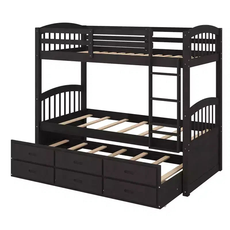 Twin over Twin Wood Bunk Bed with Ladder, Trundle and Drawers
