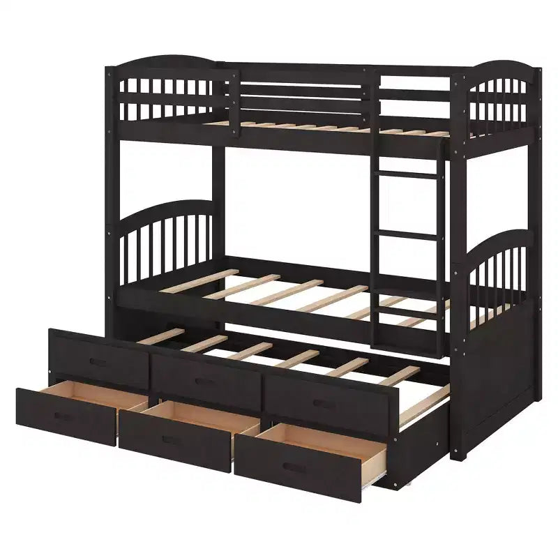 Twin over Twin Wood Bunk Bed with Ladder, Trundle and Drawers