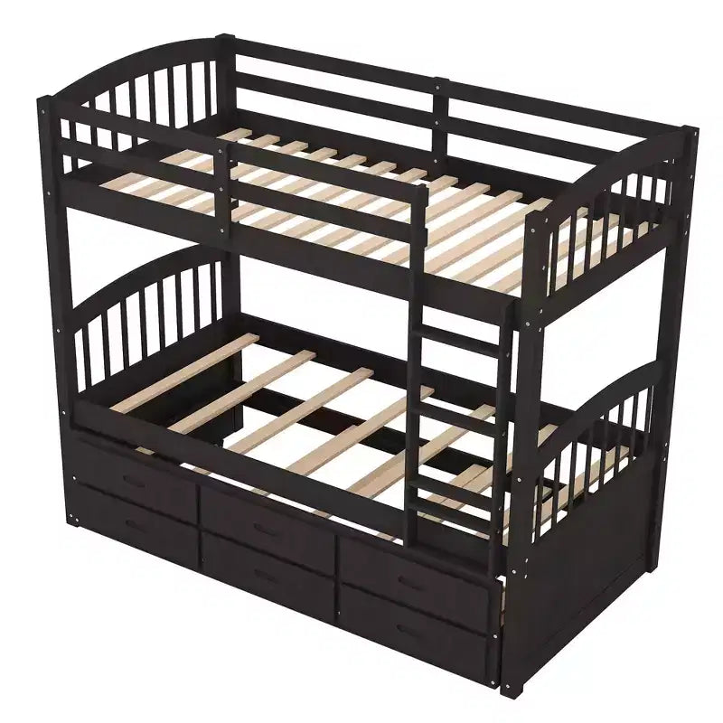 Twin over Twin Wood Bunk Bed with Ladder, Trundle and Drawers