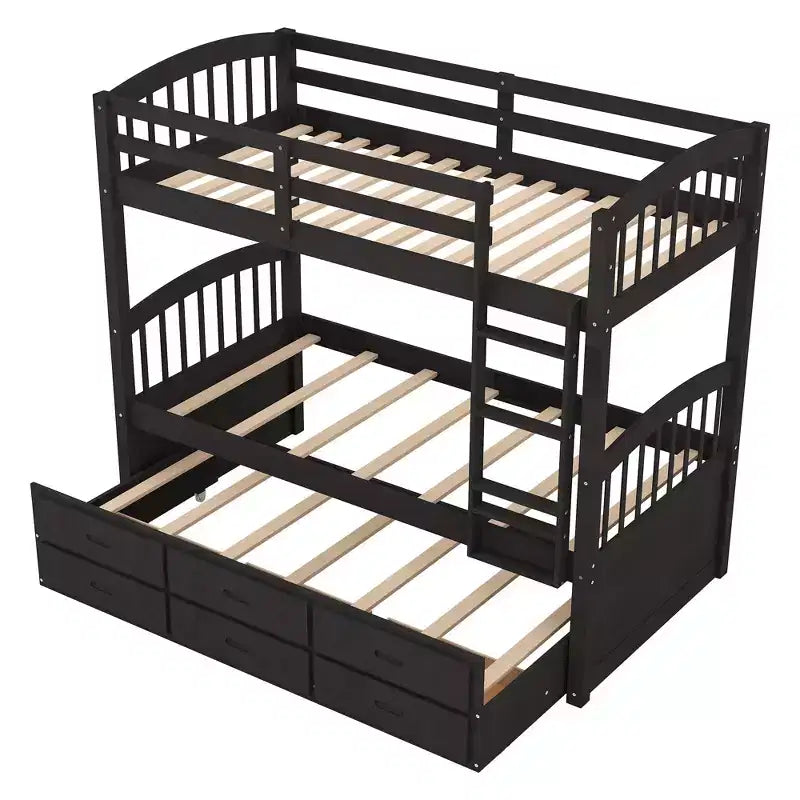 Twin over Twin Wood Bunk Bed with Ladder, Trundle and Drawers