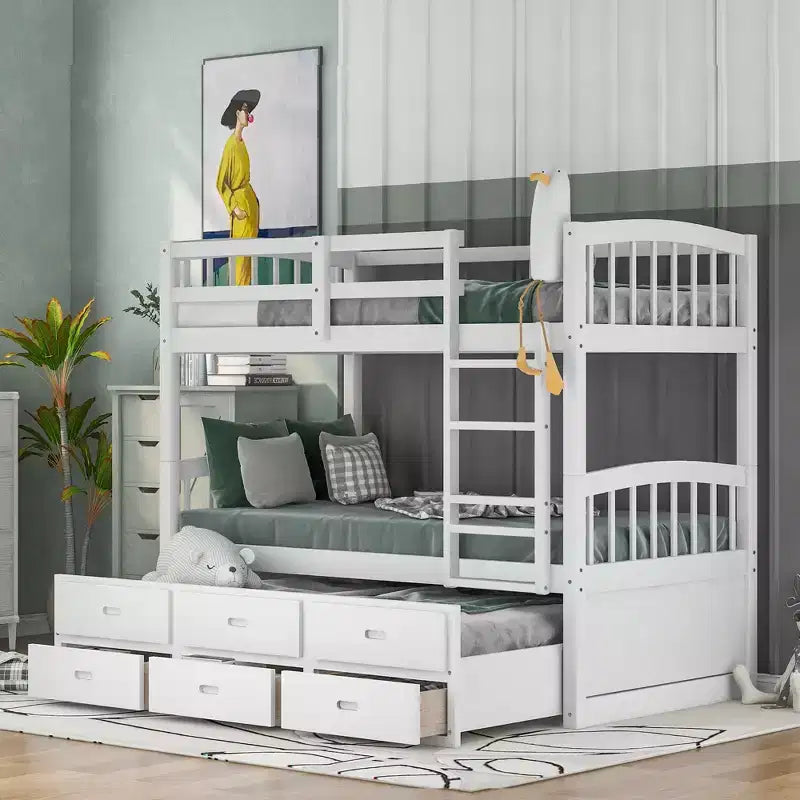 Twin over Twin Wood Bunk Bed with Ladder, Trundle and Drawers