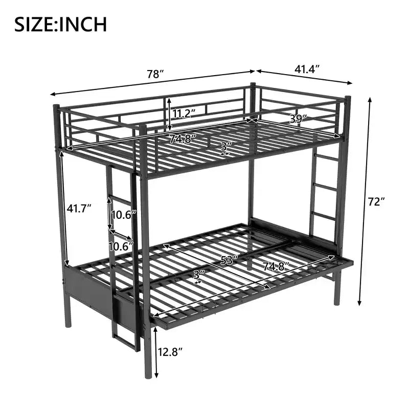 Twin over Full Metal Bunk Bed with Adjustable Lower Bunk, Multi-Function – Black