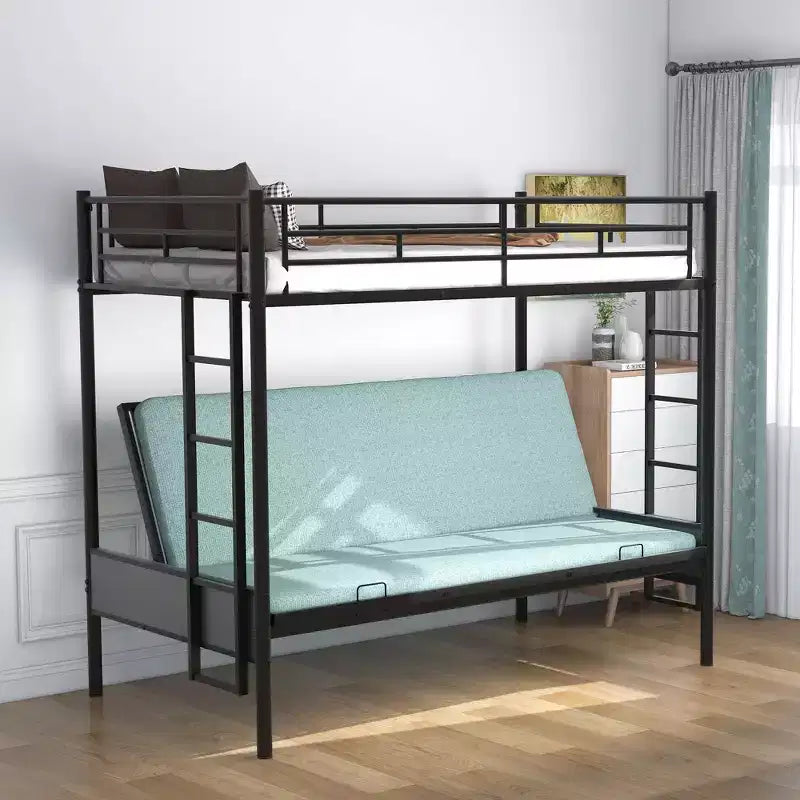 Twin over Full Metal Bunk Bed with Adjustable Lower Bunk, Multi-Function – Black