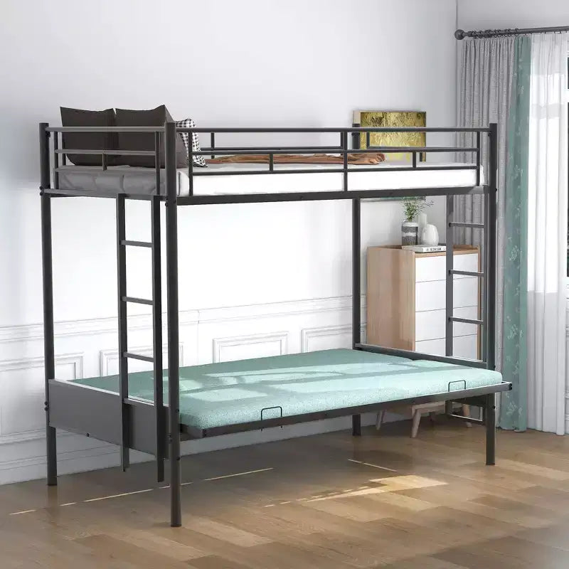 Twin over Full Metal Bunk Bed with Adjustable Lower Bunk, Multi-Function – Black
