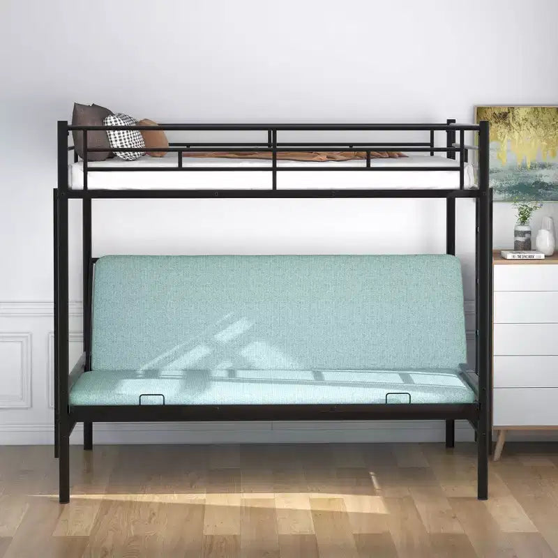 Twin over Full Metal Bunk Bed with Adjustable Lower Bunk, Multi-Function – Black