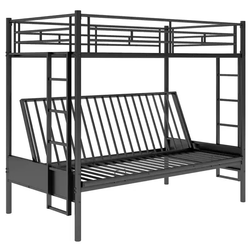 Twin over Full Metal Bunk Bed with Adjustable Lower Bunk, Multi-Function – Black