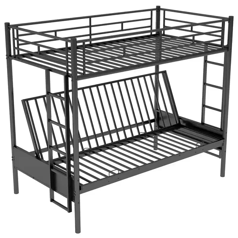 Twin over Full Metal Bunk Bed with Adjustable Lower Bunk, Multi-Function – Black