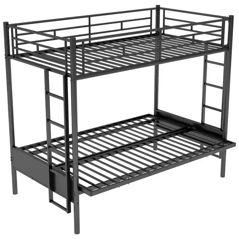 Twin over Full Metal Bunk Bed with Adjustable Lower Bunk, Multi-Function – Black