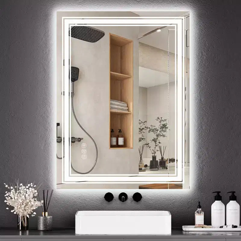 Large Bathroom Mirror with LED Lights, LED Vanity Mirror for Bathroom, 3 Adjustable Colors of Lights, Anti-Fog, Backlit + Front Lit, Stepless Dimming