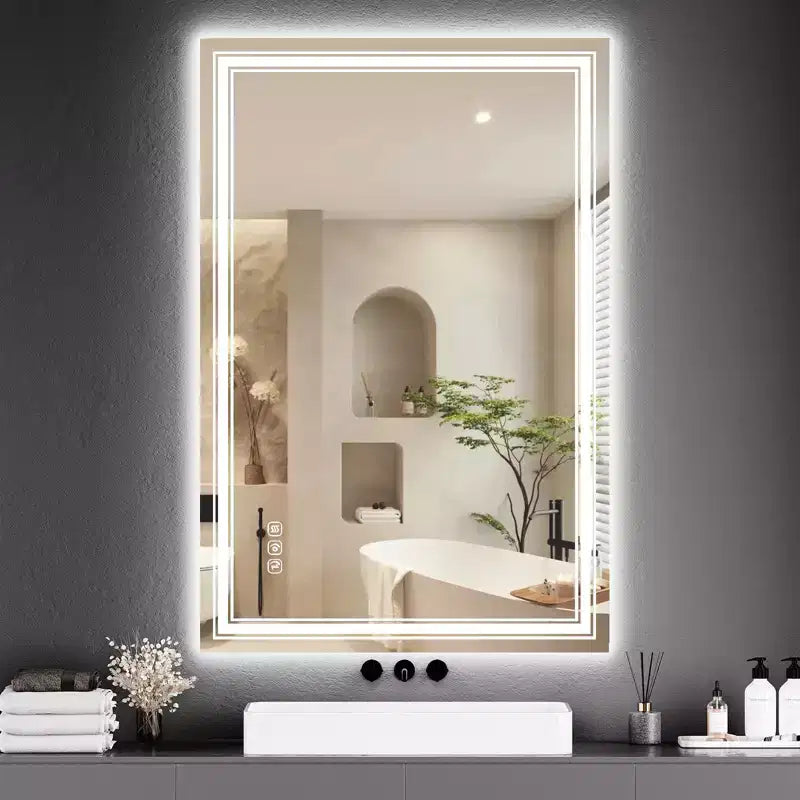 Large Bathroom Mirror with LED Lights, LED Vanity Mirror for Bathroom, 3 Adjustable Colors of Lights, Anti-Fog, Backlit + Front Lit, Stepless Dimming