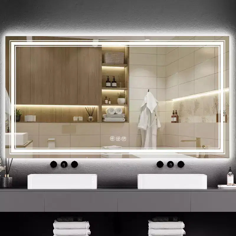 Large Bathroom Mirror with LED Lights, LED Vanity Mirror for Bathroom, 3 Adjustable Colors of Lights, Anti-Fog, Backlit + Front Lit, Stepless Dimming