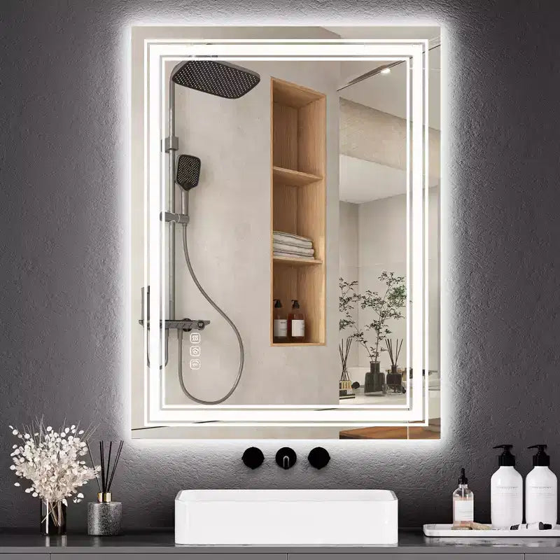 Large Bathroom Mirror with LED Lights, LED Vanity Mirror for Bathroom, 3 Adjustable Colors of Lights, Anti-Fog, Backlit + Front Lit, Stepless Dimming
