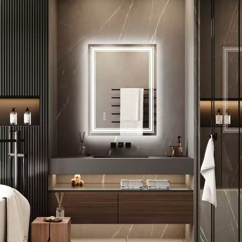 Large Bathroom Mirror with LED Lights, LED Vanity Mirror for Bathroom, 3 Adjustable Colors of Lights, Anti-Fog, Backlit + Front Lit, Stepless Dimming