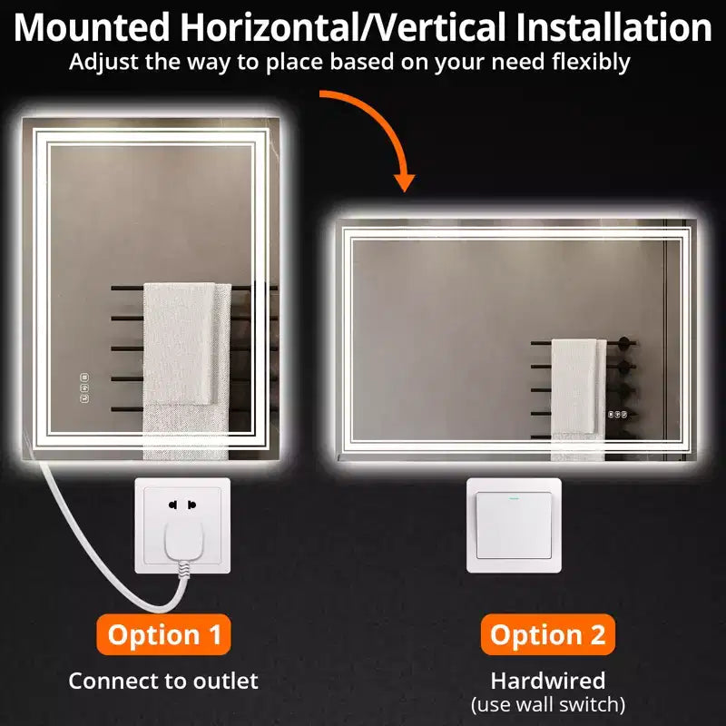 Large Bathroom Mirror with LED Lights, LED Vanity Mirror for Bathroom, 3 Adjustable Colors of Lights, Anti-Fog, Backlit + Front Lit, Stepless Dimming