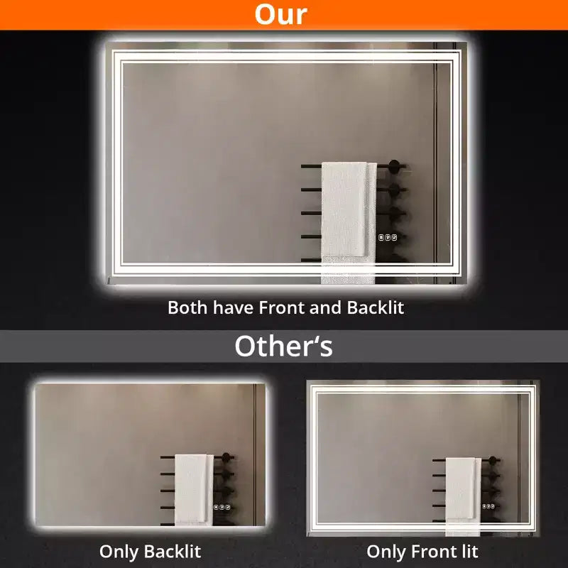 Large Bathroom Mirror with LED Lights, LED Vanity Mirror for Bathroom, 3 Adjustable Colors of Lights, Anti-Fog, Backlit + Front Lit, Stepless Dimming