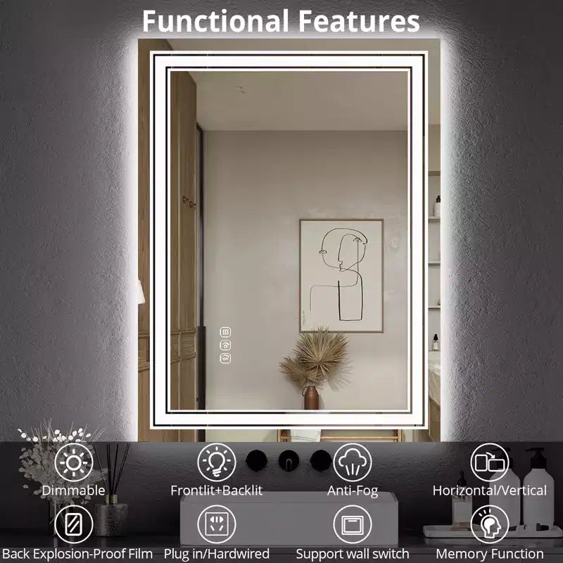 Large Bathroom Mirror with LED Lights, LED Vanity Mirror for Bathroom, 3 Adjustable Colors of Lights, Anti-Fog, Backlit + Front Lit, Stepless Dimming