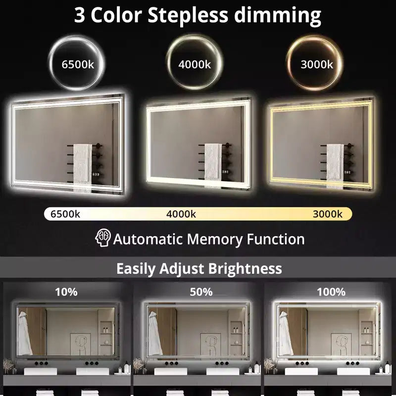 Large Bathroom Mirror with LED Lights, LED Vanity Mirror for Bathroom, 3 Adjustable Colors of Lights, Anti-Fog, Backlit + Front Lit, Stepless Dimming