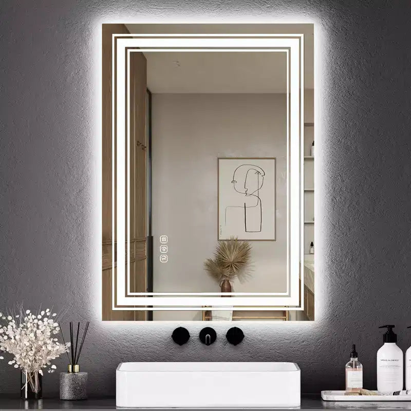 Large Bathroom Mirror with LED Lights, LED Vanity Mirror for Bathroom, 3 Adjustable Colors of Lights, Anti-Fog, Backlit + Front Lit, Stepless Dimming