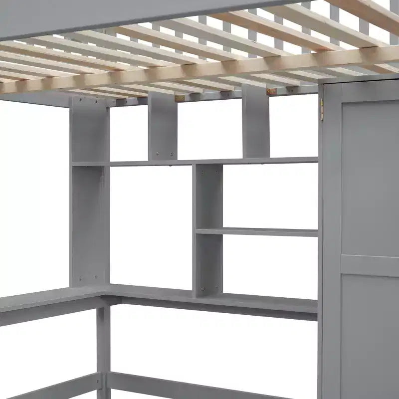 94.4" Full Size Wood Loft Bed with Bookshelf, Drawers, Desk and Wardrobe