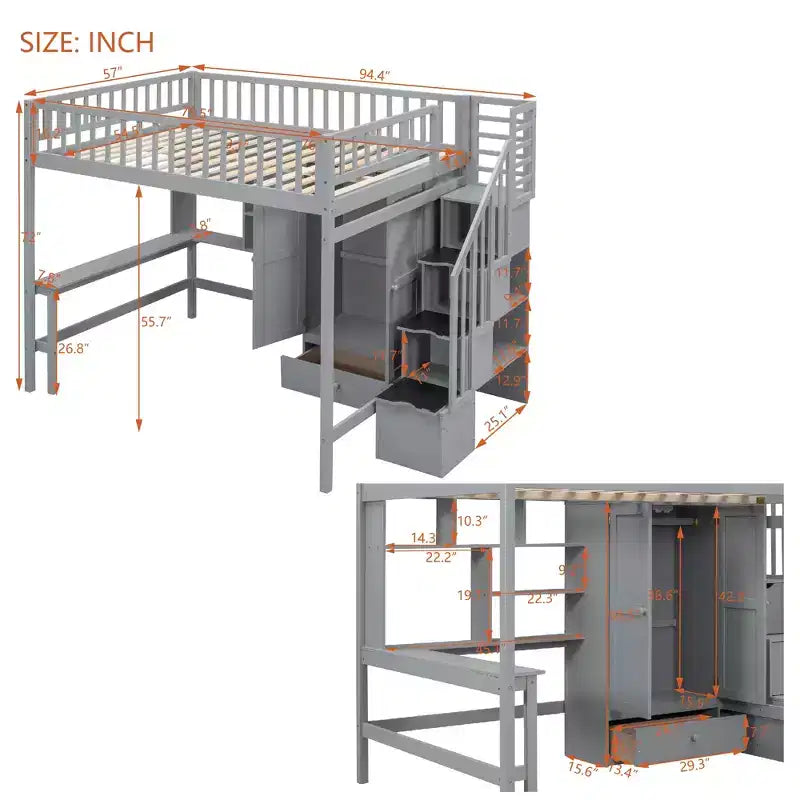 94.4" Full Size Wood Loft Bed with Bookshelf, Drawers, Desk and Wardrobe