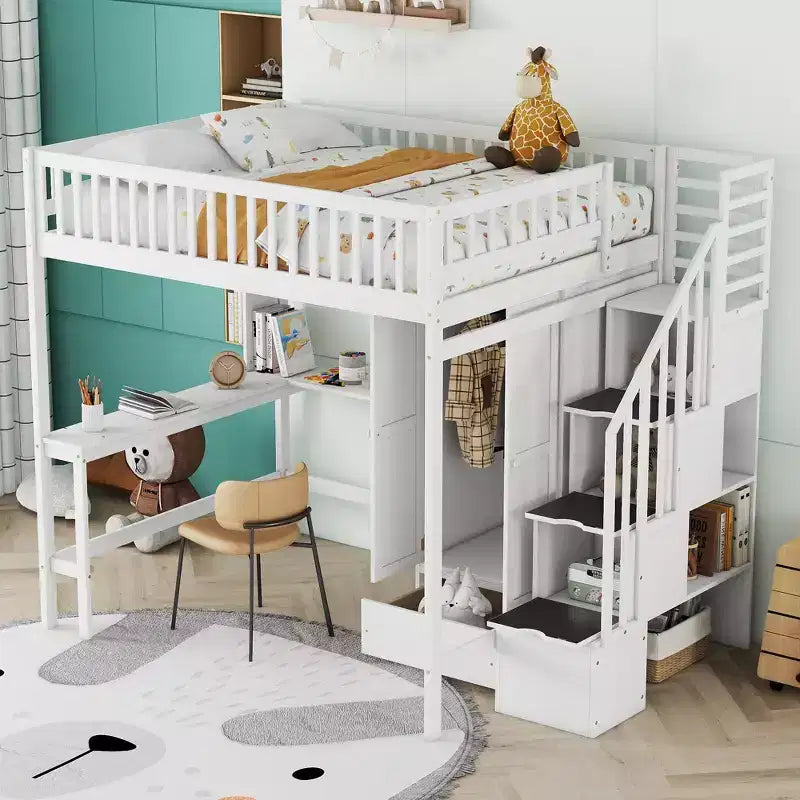 94.4" Full Size Wood Loft Bed with Bookshelf, Drawers, Desk and Wardrobe