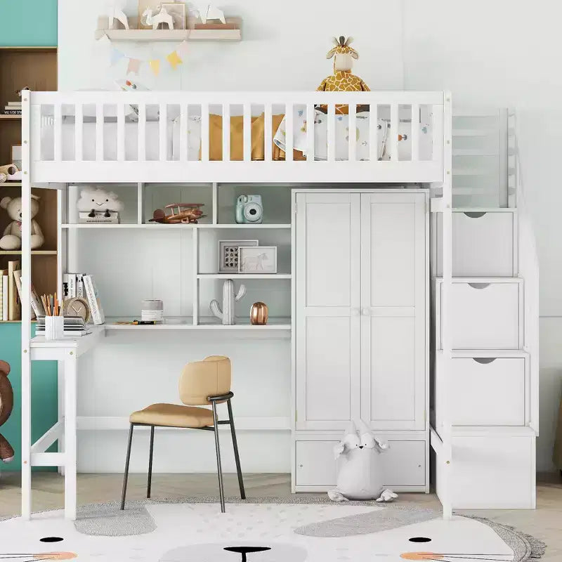 94.4" Full Size Wood Loft Bed with Bookshelf, Drawers, Desk and Wardrobe