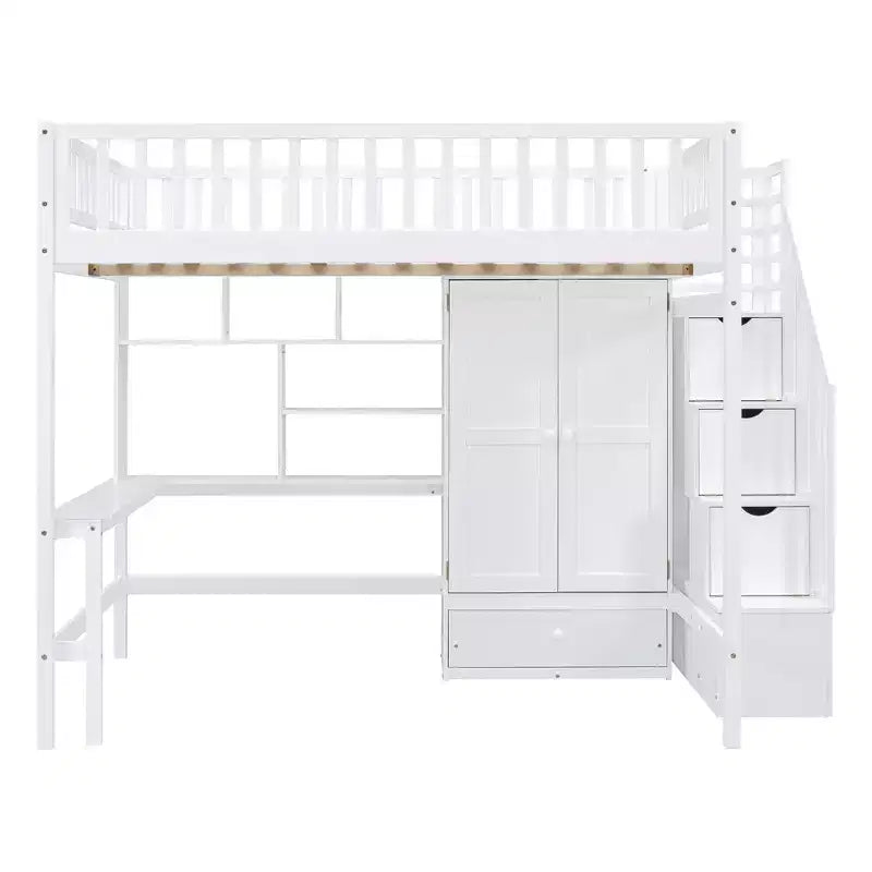 94.4" Full Size Wood Loft Bed with Bookshelf, Drawers, Desk and Wardrobe