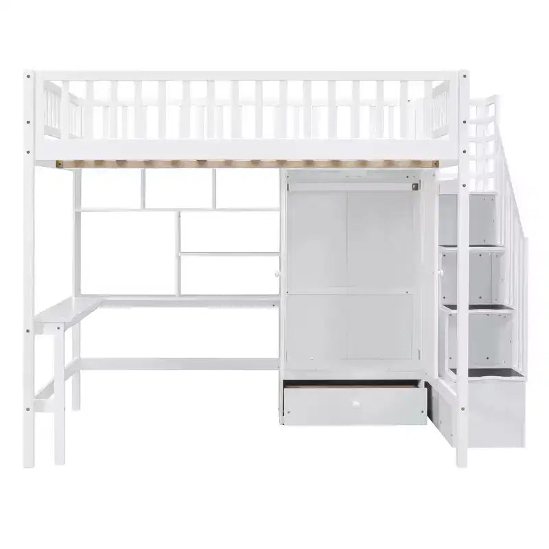 94.4" Full Size Wood Loft Bed with Bookshelf, Drawers, Desk and Wardrobe