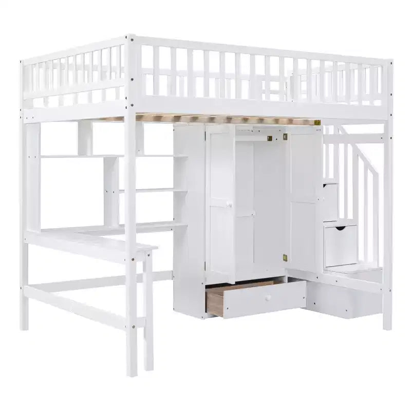 94.4" Full Size Wood Loft Bed with Bookshelf, Drawers, Desk and Wardrobe