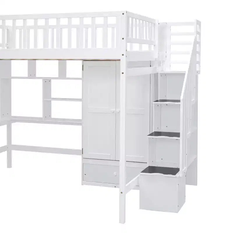 94.4" Full Size Wood Loft Bed with Bookshelf, Drawers, Desk and Wardrobe