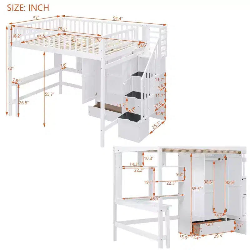 94.4" Full Size Wood Loft Bed with Bookshelf, Drawers, Desk and Wardrobe