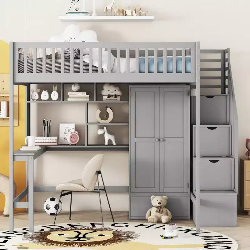 94.4" Full Size Wood Loft Bed with Bookshelf, Drawers, Desk and Wardrobe