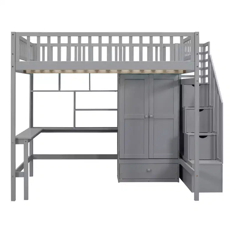 94.4" Full Size Wood Loft Bed with Bookshelf, Drawers, Desk and Wardrobe