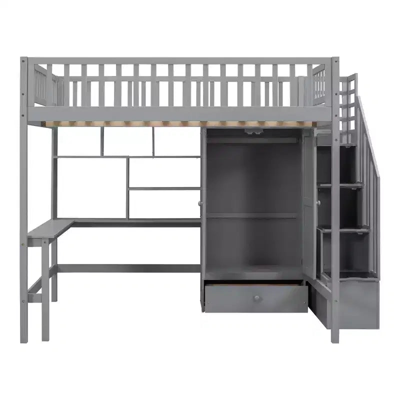 94.4" Full Size Wood Loft Bed with Bookshelf, Drawers, Desk and Wardrobe