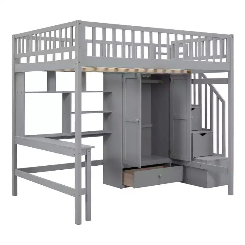 94.4" Full Size Wood Loft Bed with Bookshelf, Drawers, Desk and Wardrobe