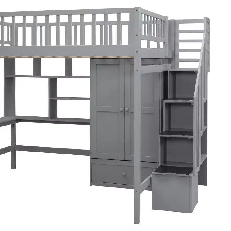 94.4" Full Size Wood Loft Bed with Bookshelf, Drawers, Desk and Wardrobe