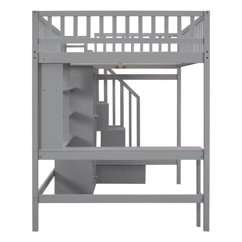 94.4" Full Size Wood Loft Bed with Bookshelf, Drawers, Desk and Wardrobe